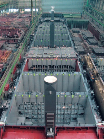 Containership empty cargo holds