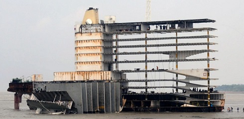 The skeletal remains of a ship at a shipbreaking yard in Shitakundo, some 16 kms from Chittagong, Bangladesh, on April 19, 2009. Image by Munir Uz Zaman